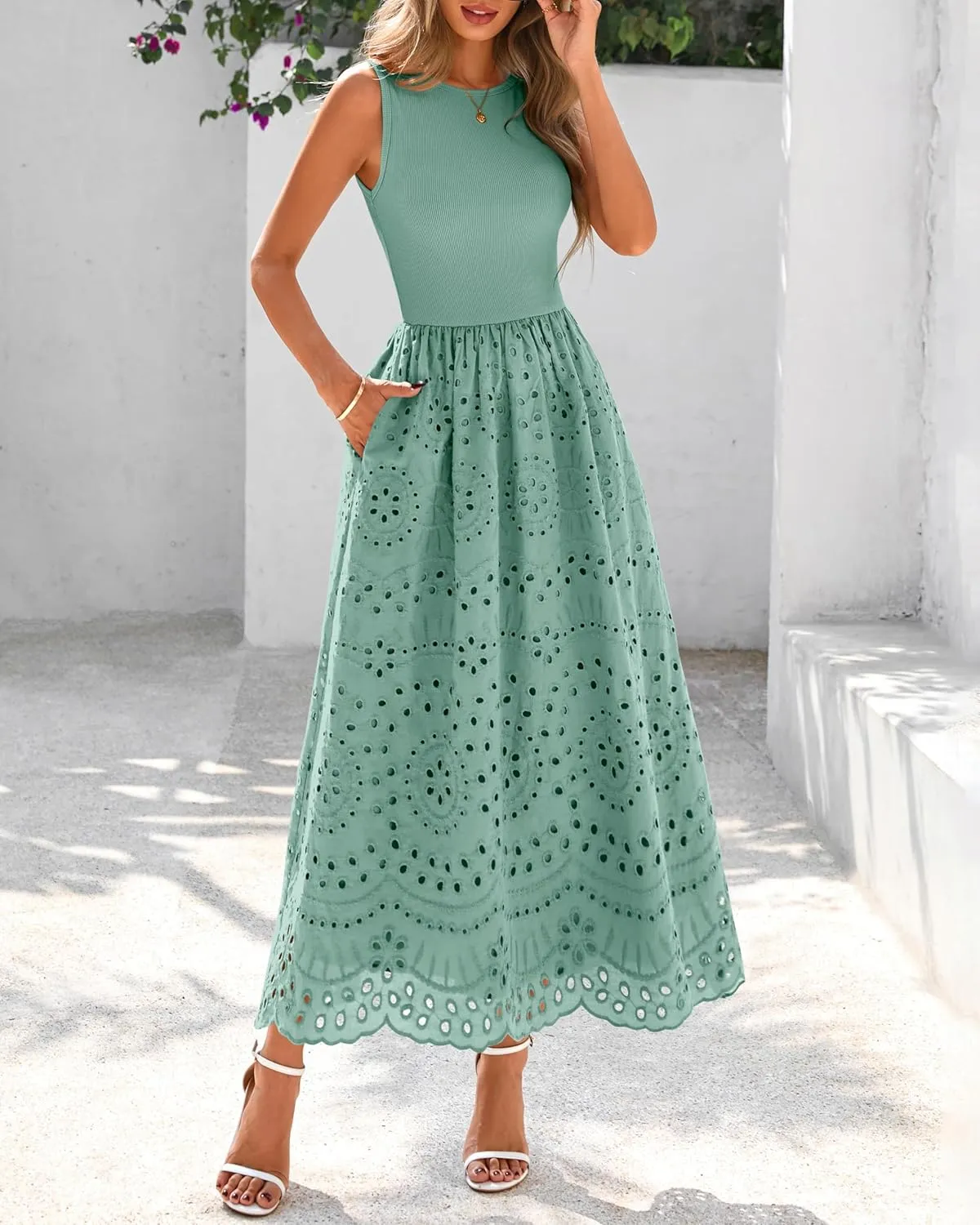 dowerme Women Summer Dresses 2025 Casual Sleeveless Crewneck A-Line Boho Lace Eyelet Cotton Tank Maxi Dress with Pockets