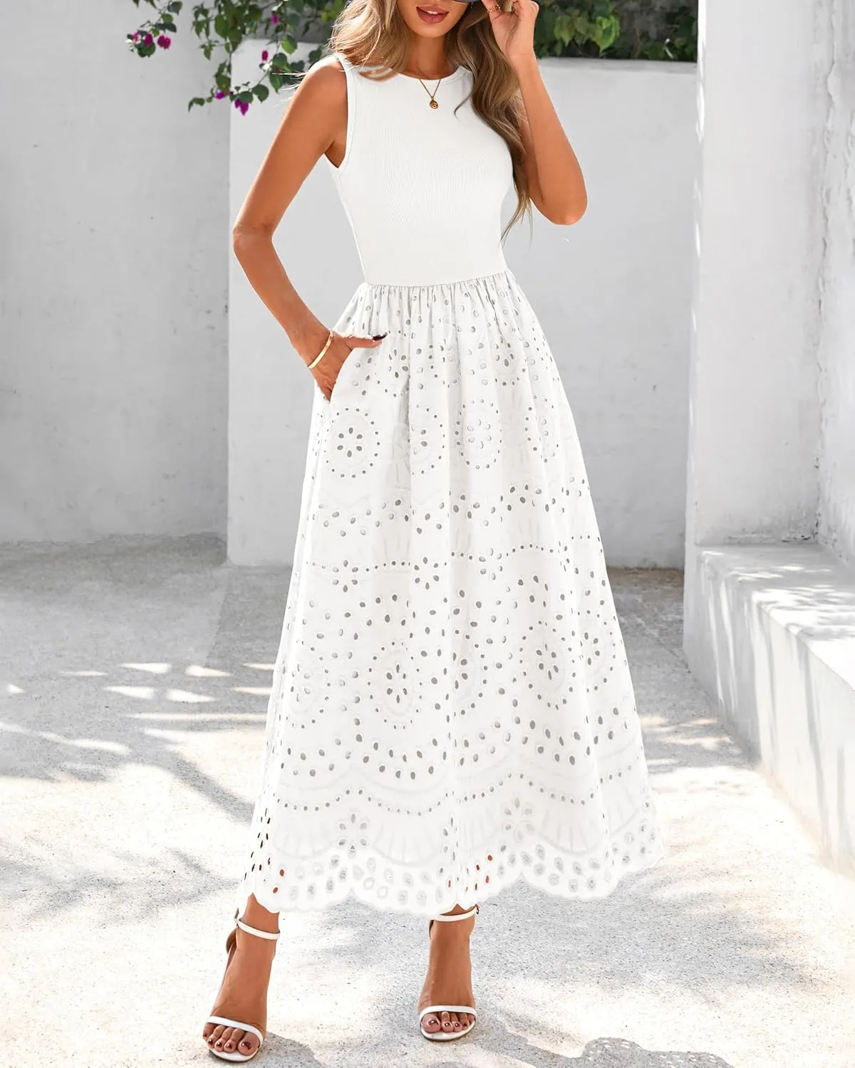 dowerme Women Summer Dresses 2025 Casual Sleeveless Crewneck A-Line Boho Lace Eyelet Cotton Tank Maxi Dress with Pockets