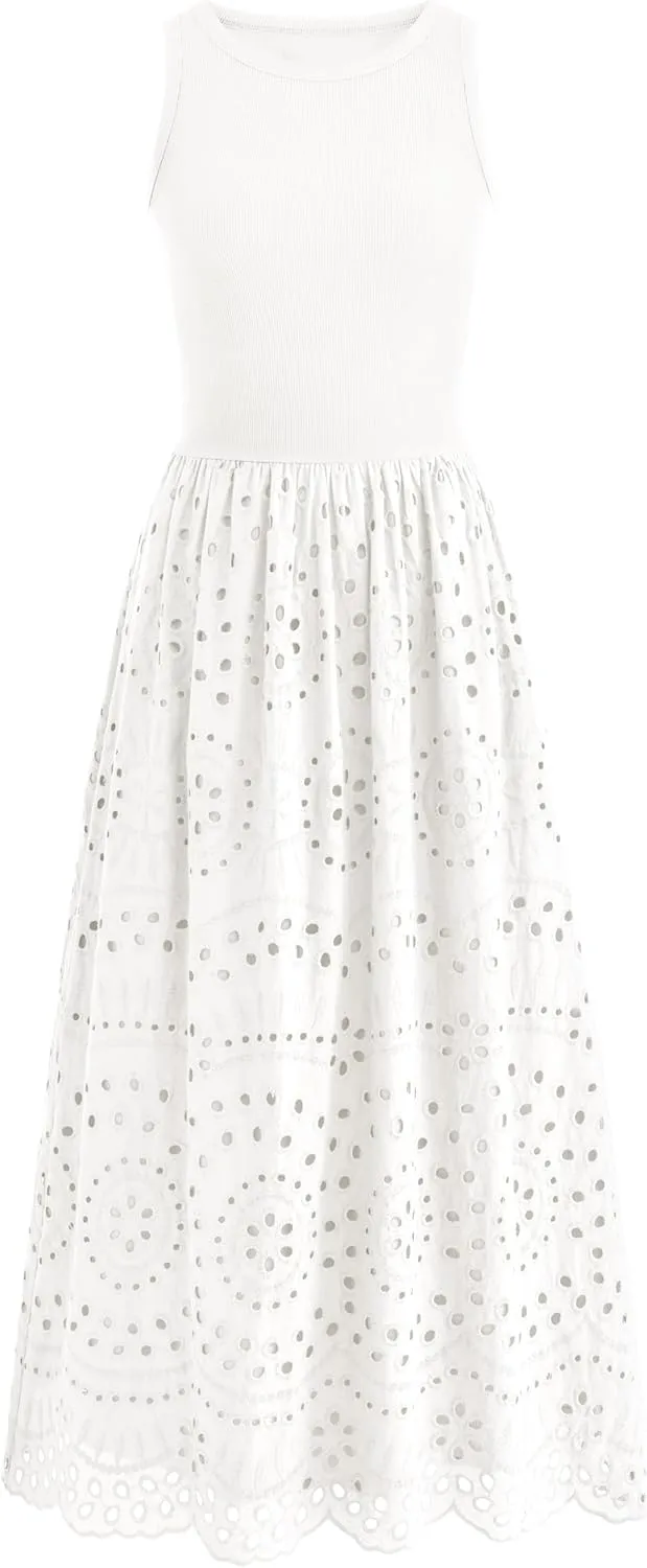 dowerme Women Summer Dresses 2025 Casual Sleeveless Crewneck A-Line Boho Lace Eyelet Cotton Tank Maxi Dress with Pockets