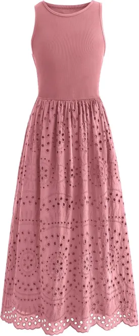 dowerme Women Summer Dresses 2025 Casual Sleeveless Crewneck A-Line Boho Lace Eyelet Cotton Tank Maxi Dress with Pockets