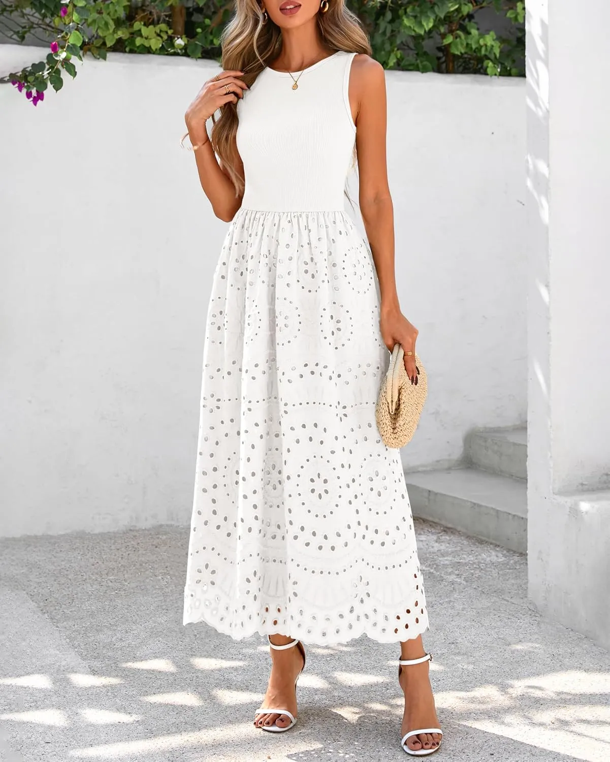 dowerme Women Summer Dresses 2025 Casual Sleeveless Crewneck A-Line Boho Lace Eyelet Cotton Tank Maxi Dress with Pockets