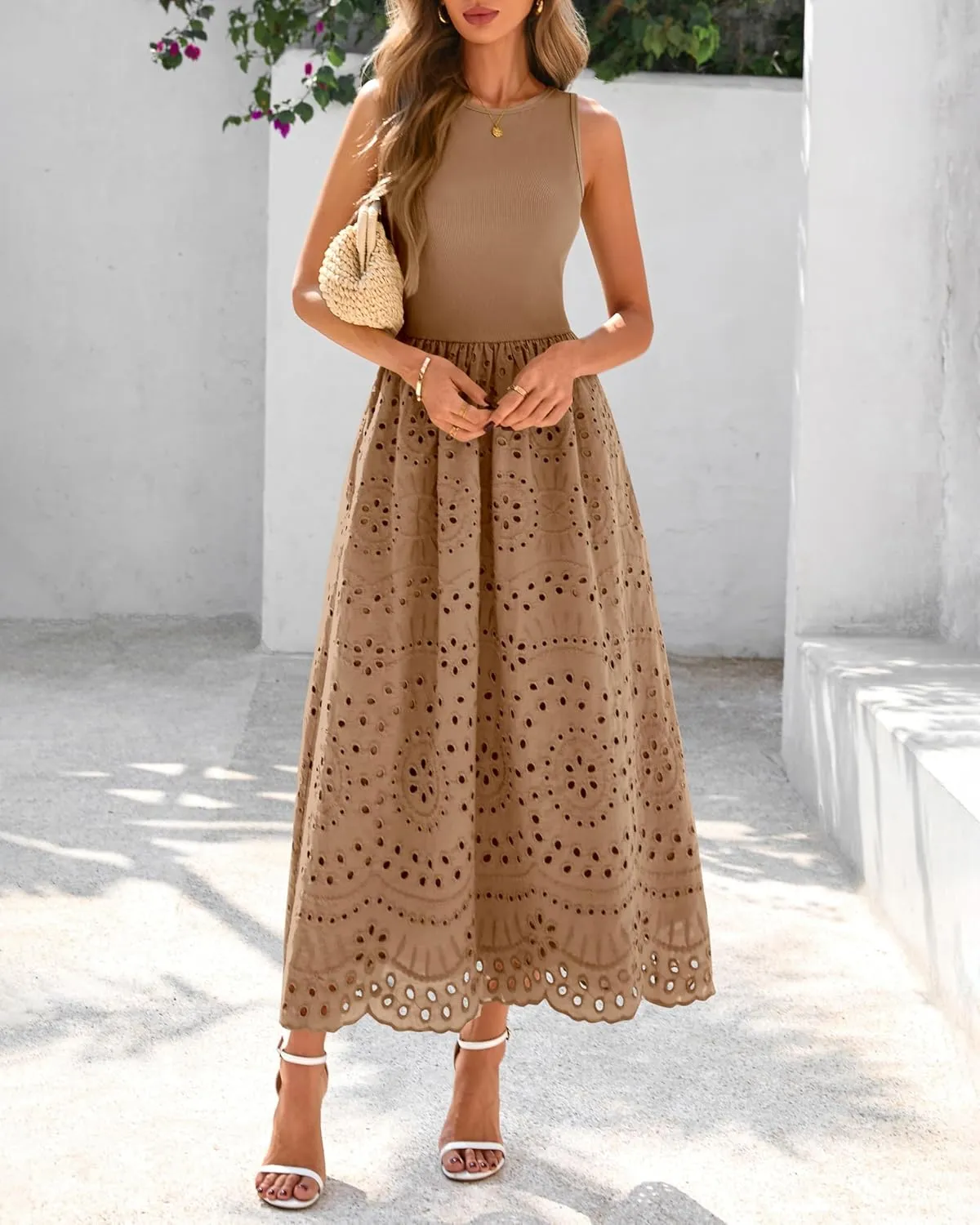 dowerme Women Summer Dresses 2025 Casual Sleeveless Crewneck A-Line Boho Lace Eyelet Cotton Tank Maxi Dress with Pockets