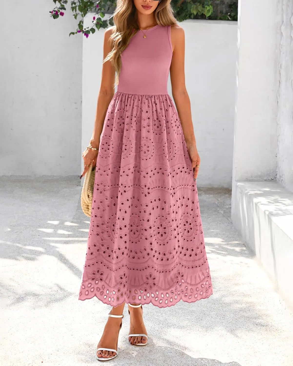 dowerme Women Summer Dresses 2025 Casual Sleeveless Crewneck A-Line Boho Lace Eyelet Cotton Tank Maxi Dress with Pockets