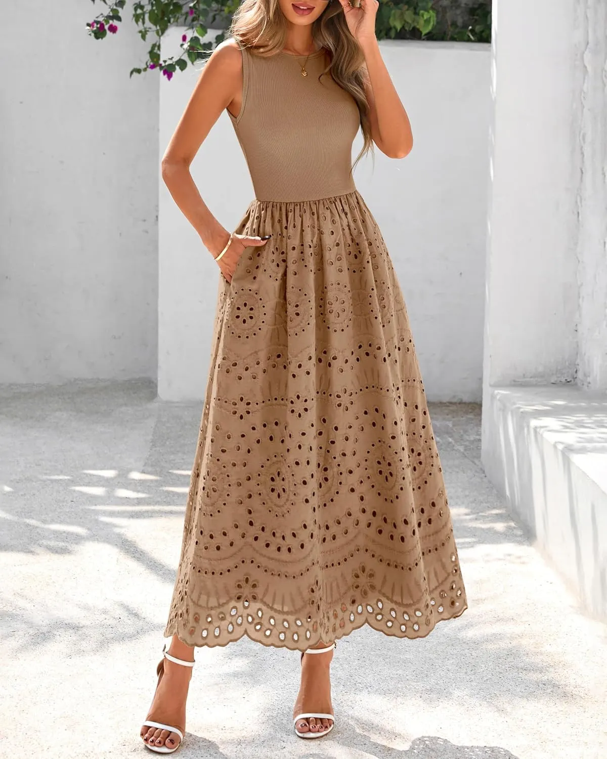 dowerme Women Summer Dresses 2025 Casual Sleeveless Crewneck A-Line Boho Lace Eyelet Cotton Tank Maxi Dress with Pockets