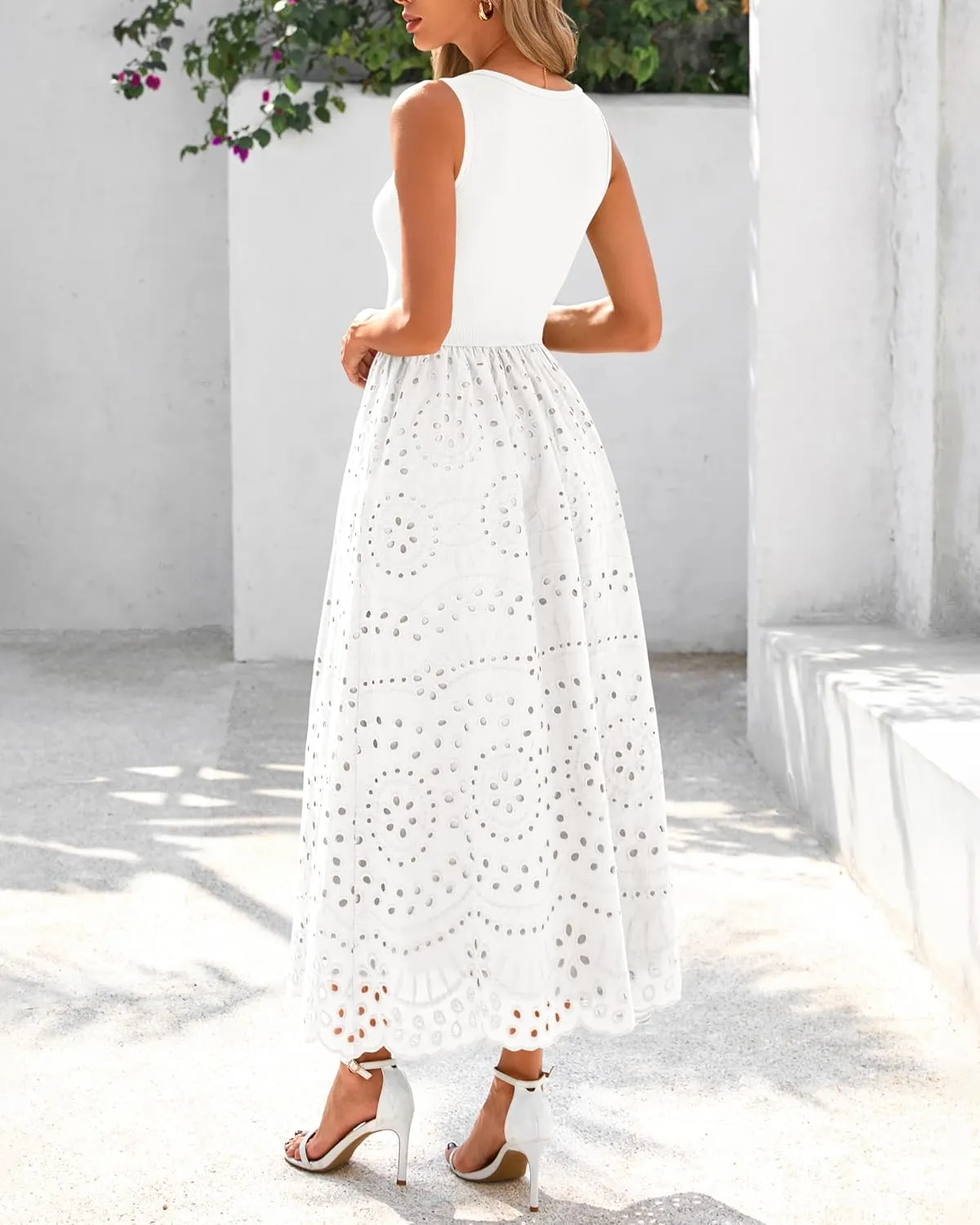 dowerme Women Summer Dresses 2025 Casual Sleeveless Crewneck A-Line Boho Lace Eyelet Cotton Tank Maxi Dress with Pockets