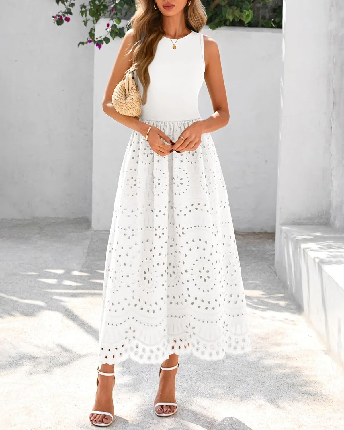 dowerme Women Summer Dresses 2025 Casual Sleeveless Crewneck A-Line Boho Lace Eyelet Cotton Tank Maxi Dress with Pockets