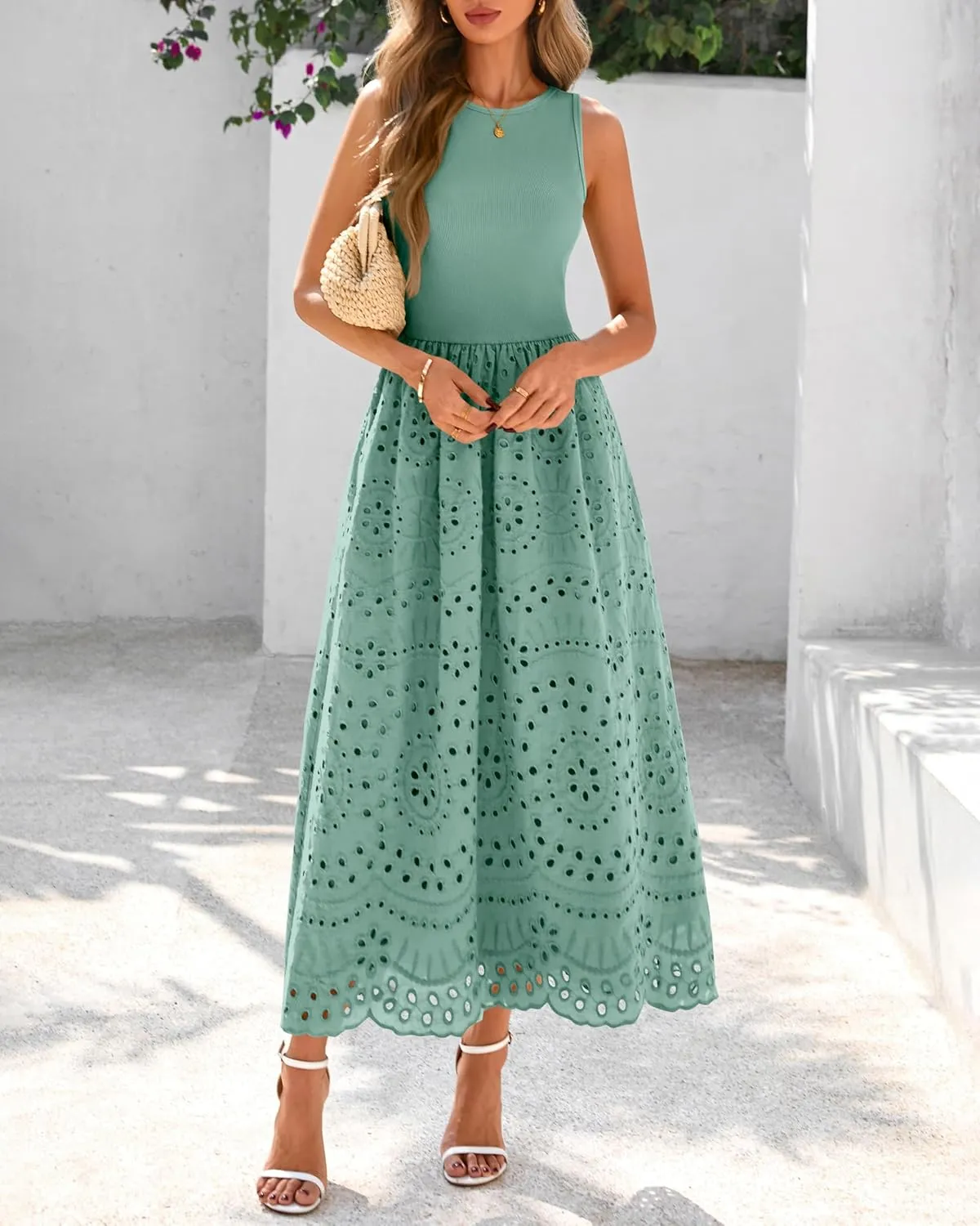 dowerme Women Summer Dresses 2025 Casual Sleeveless Crewneck A-Line Boho Lace Eyelet Cotton Tank Maxi Dress with Pockets