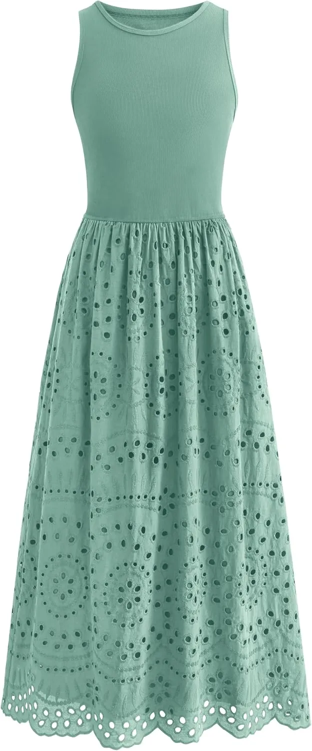 dowerme Women Summer Dresses 2025 Casual Sleeveless Crewneck A-Line Boho Lace Eyelet Cotton Tank Maxi Dress with Pockets