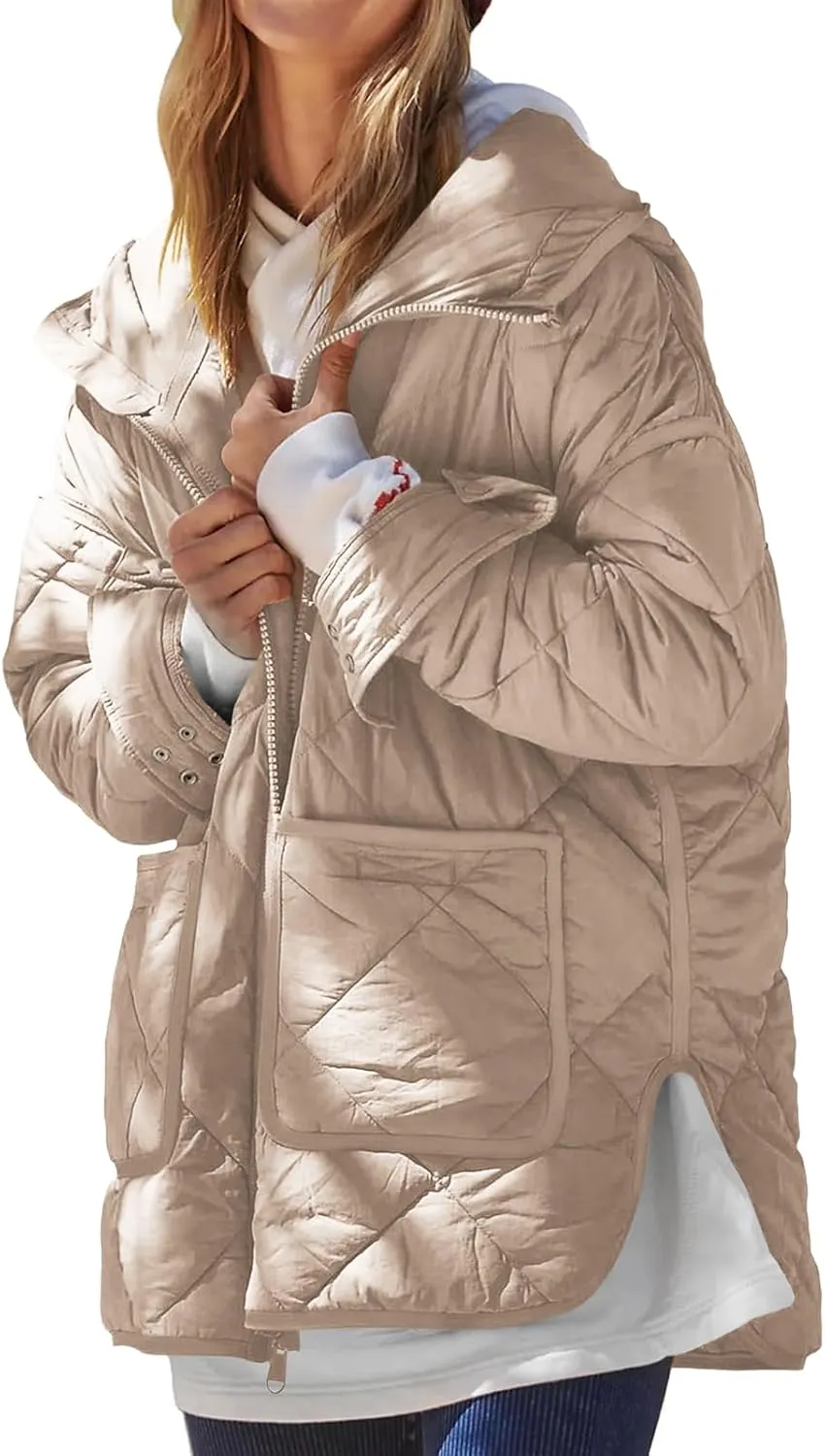 Dyexces Womens Quilted Puffer Jacket Hooded Long Sleeve Zip Up Winter Coat Lightweight Warm Jackets with Pockets