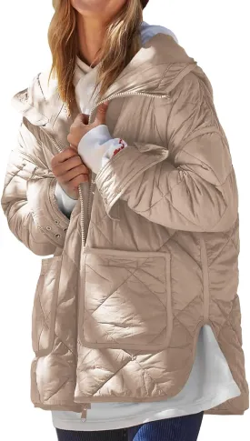 Dyexces Womens Quilted Puffer Jacket Hooded Long Sleeve Zip Up Winter Coat Lightweight Warm Jackets with Pockets