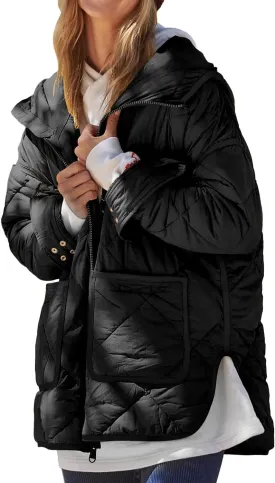 Dyexces Womens Quilted Puffer Jacket Hooded Long Sleeve Zip Up Winter Coat Lightweight Warm Jackets with Pockets
