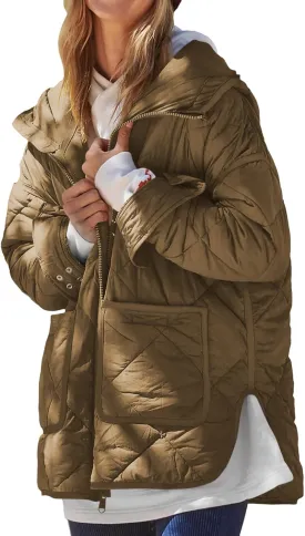 Dyexces Womens Quilted Puffer Jacket Hooded Long Sleeve Zip Up Winter Coat Lightweight Warm Jackets with Pockets