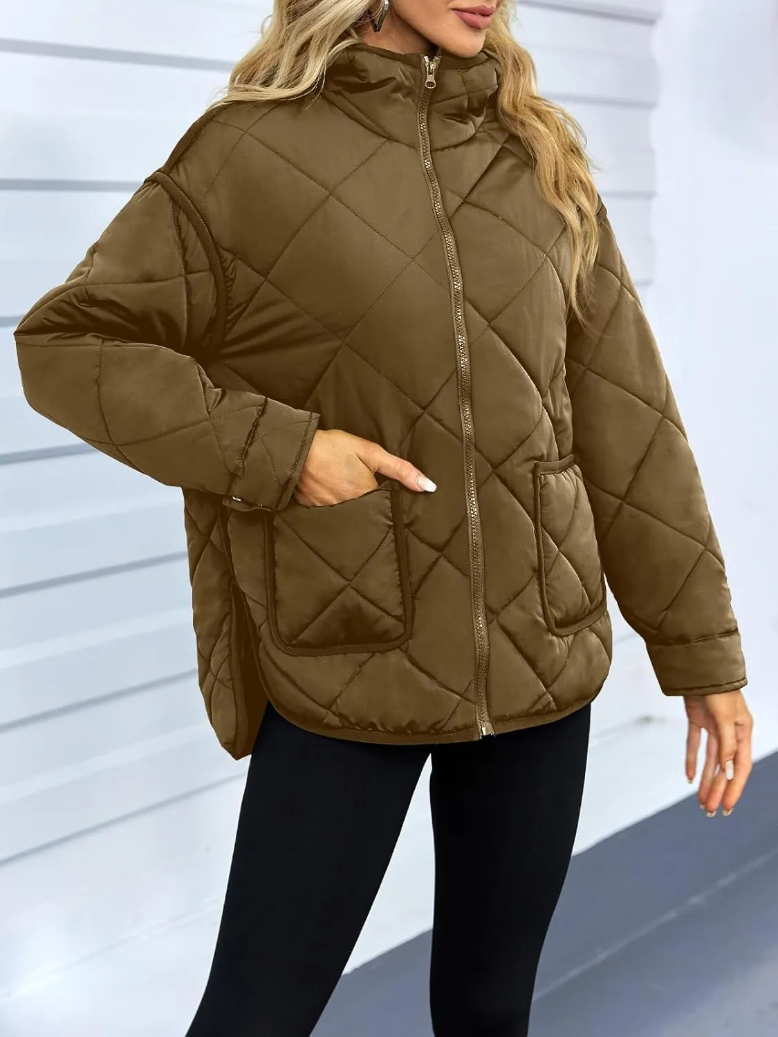 Dyexces Womens Quilted Puffer Jacket Hooded Long Sleeve Zip Up Winter Coat Lightweight Warm Jackets with Pockets