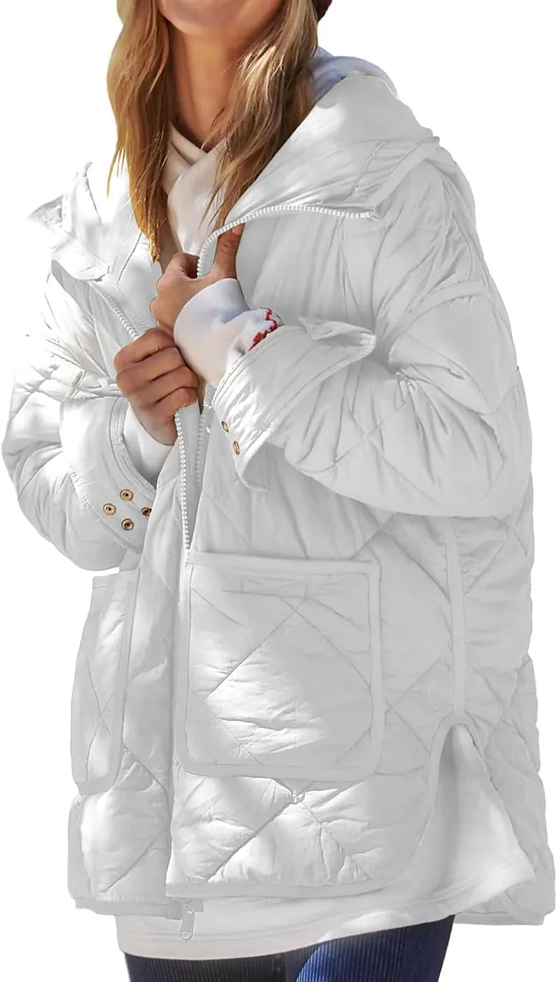 Dyexces Womens Quilted Puffer Jacket Hooded Long Sleeve Zip Up Winter Coat Lightweight Warm Jackets with Pockets