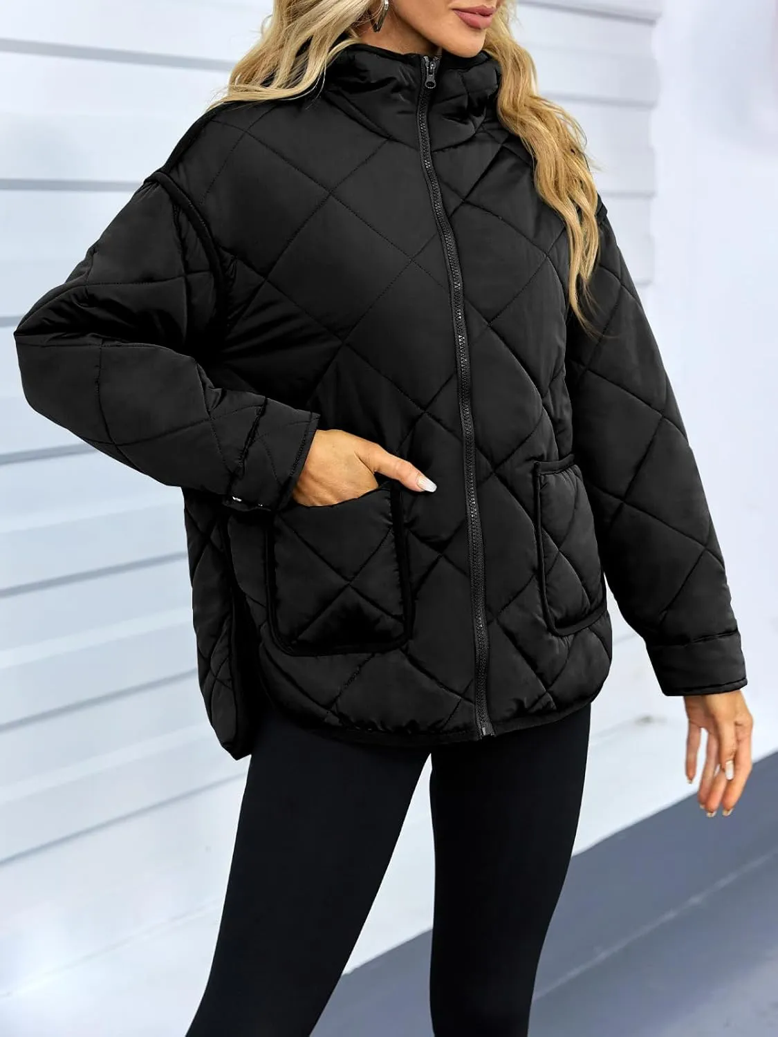 Dyexces Womens Quilted Puffer Jacket Hooded Long Sleeve Zip Up Winter Coat Lightweight Warm Jackets with Pockets