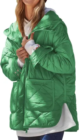 Dyexces Womens Quilted Puffer Jacket Hooded Long Sleeve Zip Up Winter Coat Lightweight Warm Jackets with Pockets