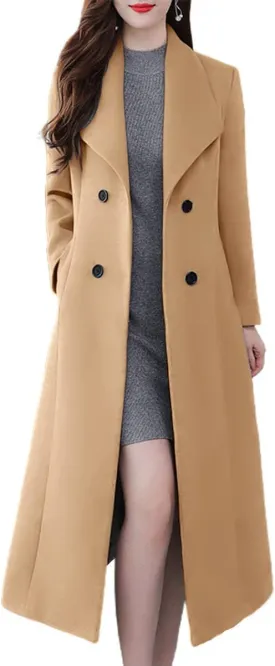 ebossy Women's Shawl Collar Double Breasted Below Knee Slim Wool Trench Long Coat