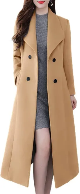ebossy Women's Shawl Collar Double Breasted Below Knee Slim Wool Trench Long Coat