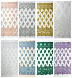 Erin Diamond Beaded Metallic Floral Embroider On a Mesh Lace Fabric-Sold By The Yard