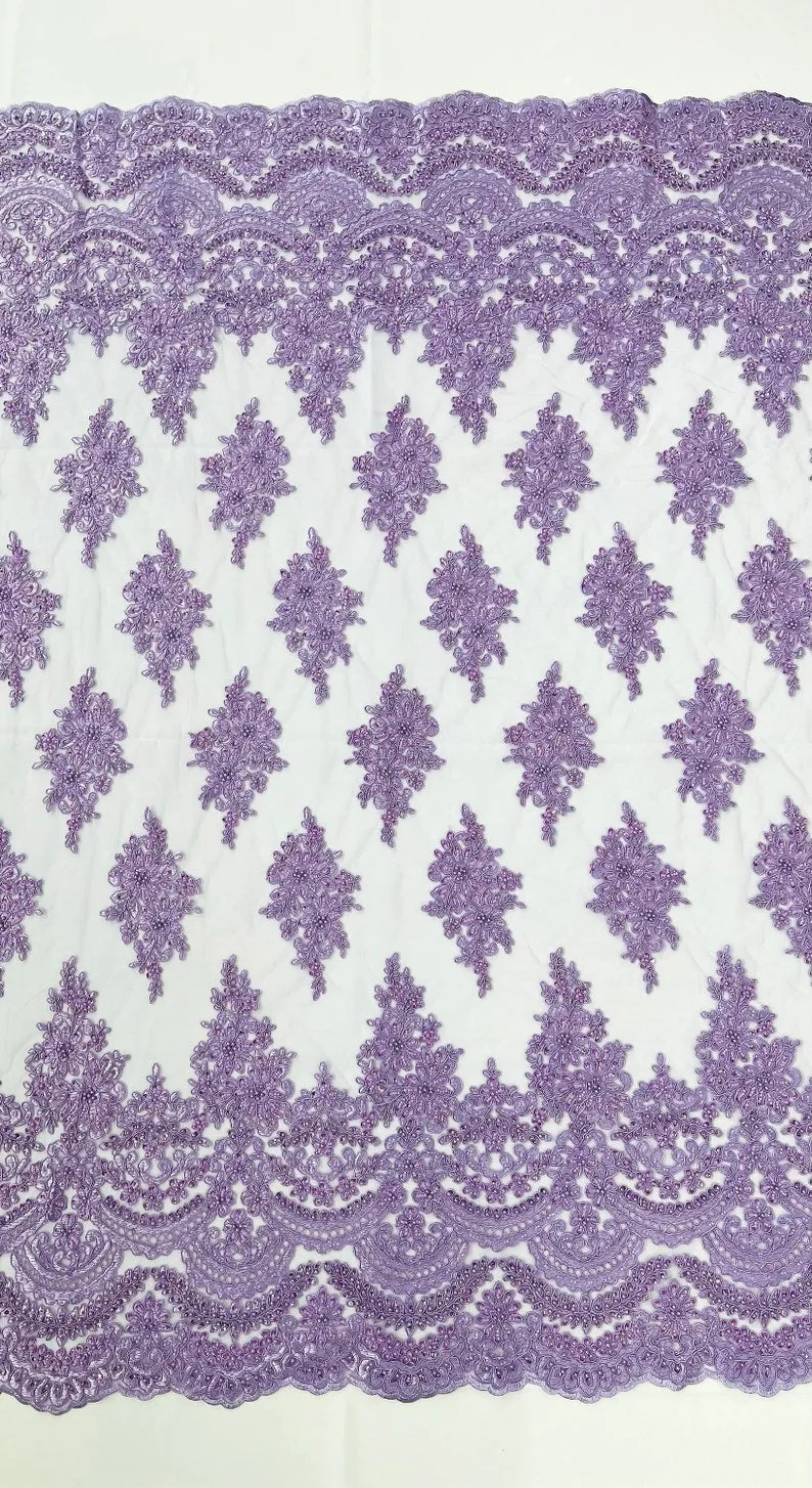 Erin Diamond Beaded Metallic Floral Embroider On a Mesh Lace Fabric-Sold By The Yard