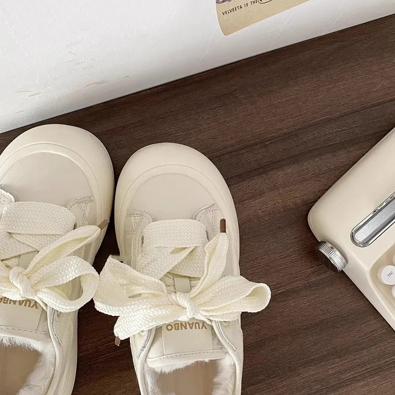 Faux Fur Lined Chunky Sole Sneakers with Ribbon Lace