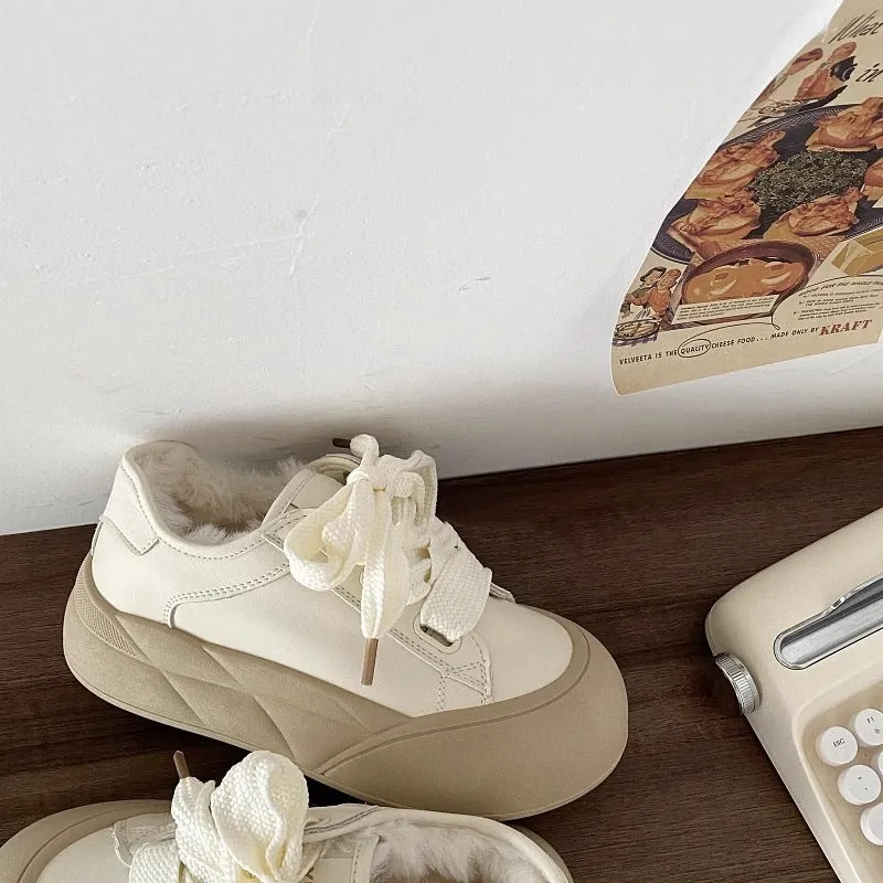 Faux Fur Lined Chunky Sole Sneakers with Ribbon Lace