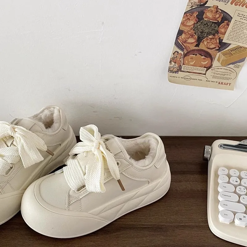 Faux Fur Lined Chunky Sole Sneakers with Ribbon Lace
