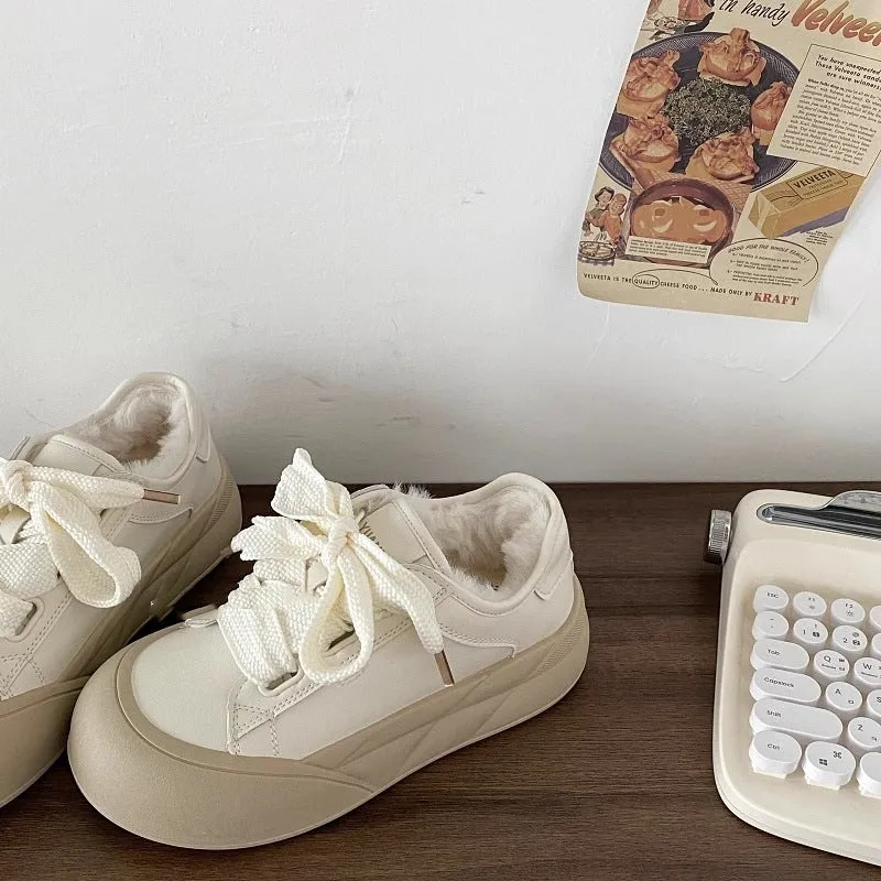Faux Fur Lined Chunky Sole Sneakers with Ribbon Lace