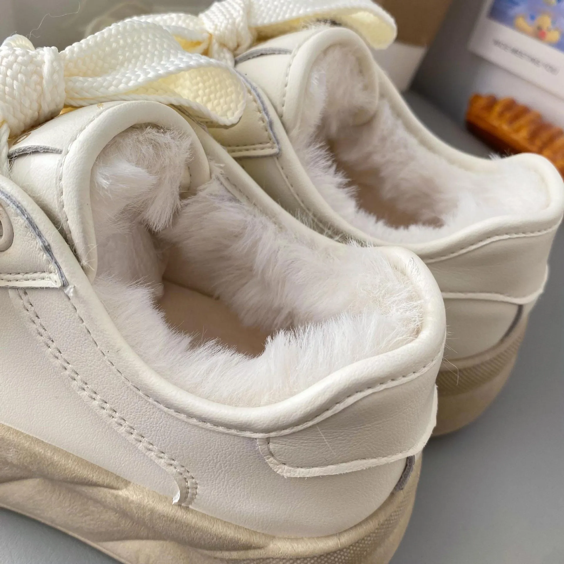 Faux Fur Lined Chunky Sole Sneakers with Ribbon Lace