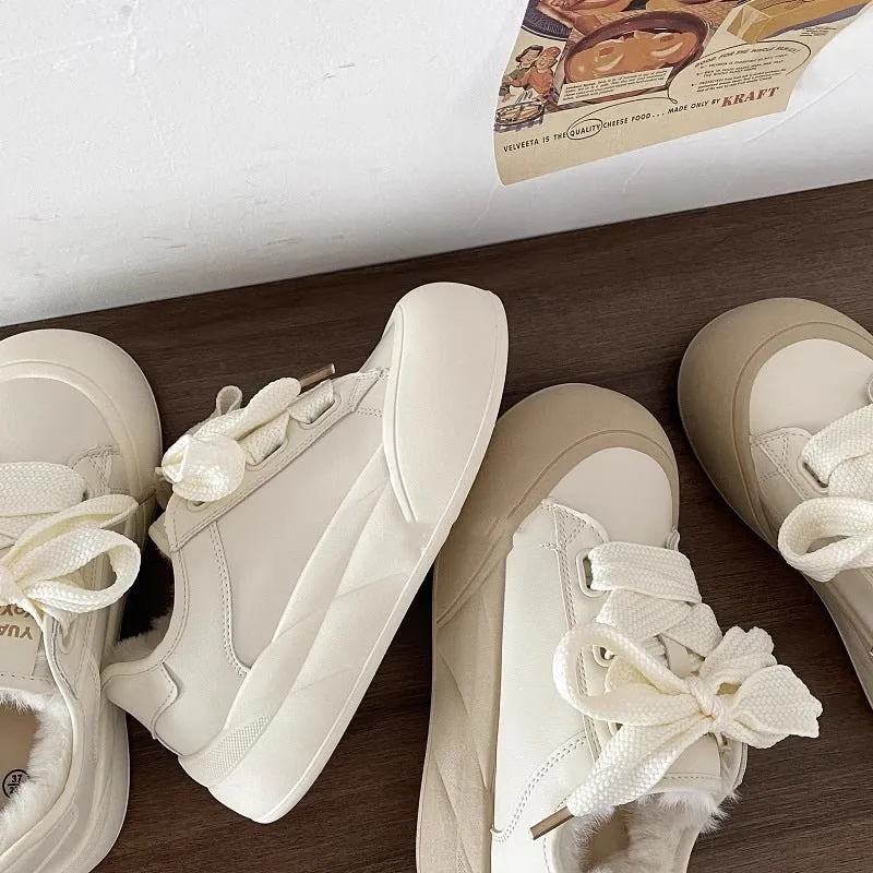 Faux Fur Lined Chunky Sole Sneakers with Ribbon Lace