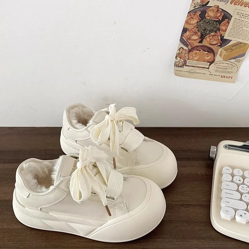 Faux Fur Lined Chunky Sole Sneakers with Ribbon Lace