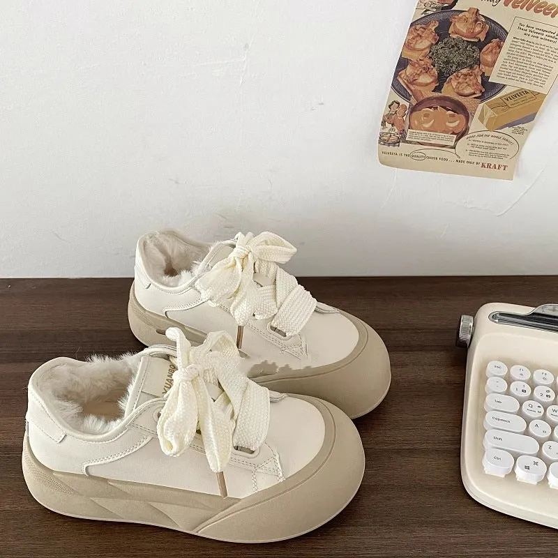 Faux Fur Lined Chunky Sole Sneakers with Ribbon Lace