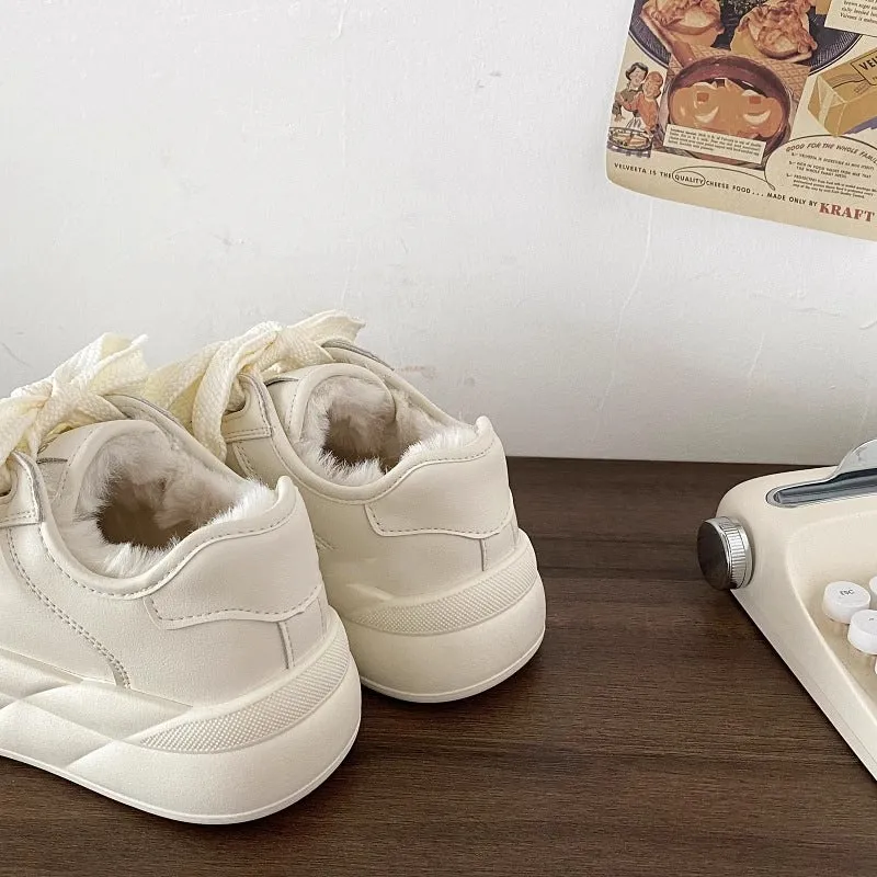 Faux Fur Lined Chunky Sole Sneakers with Ribbon Lace