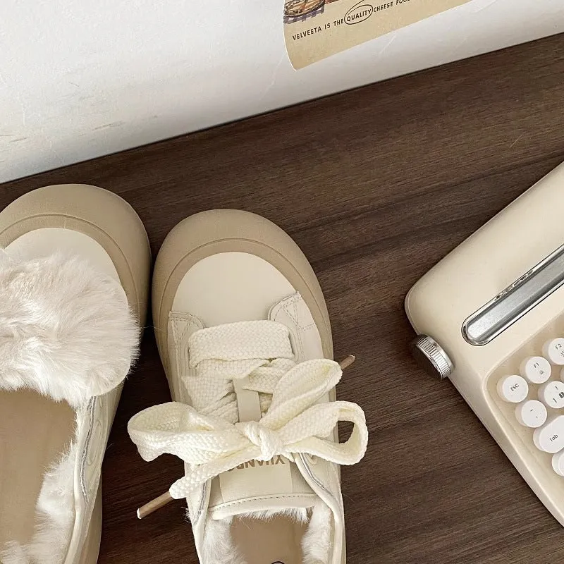 Faux Fur Lined Chunky Sole Sneakers with Ribbon Lace