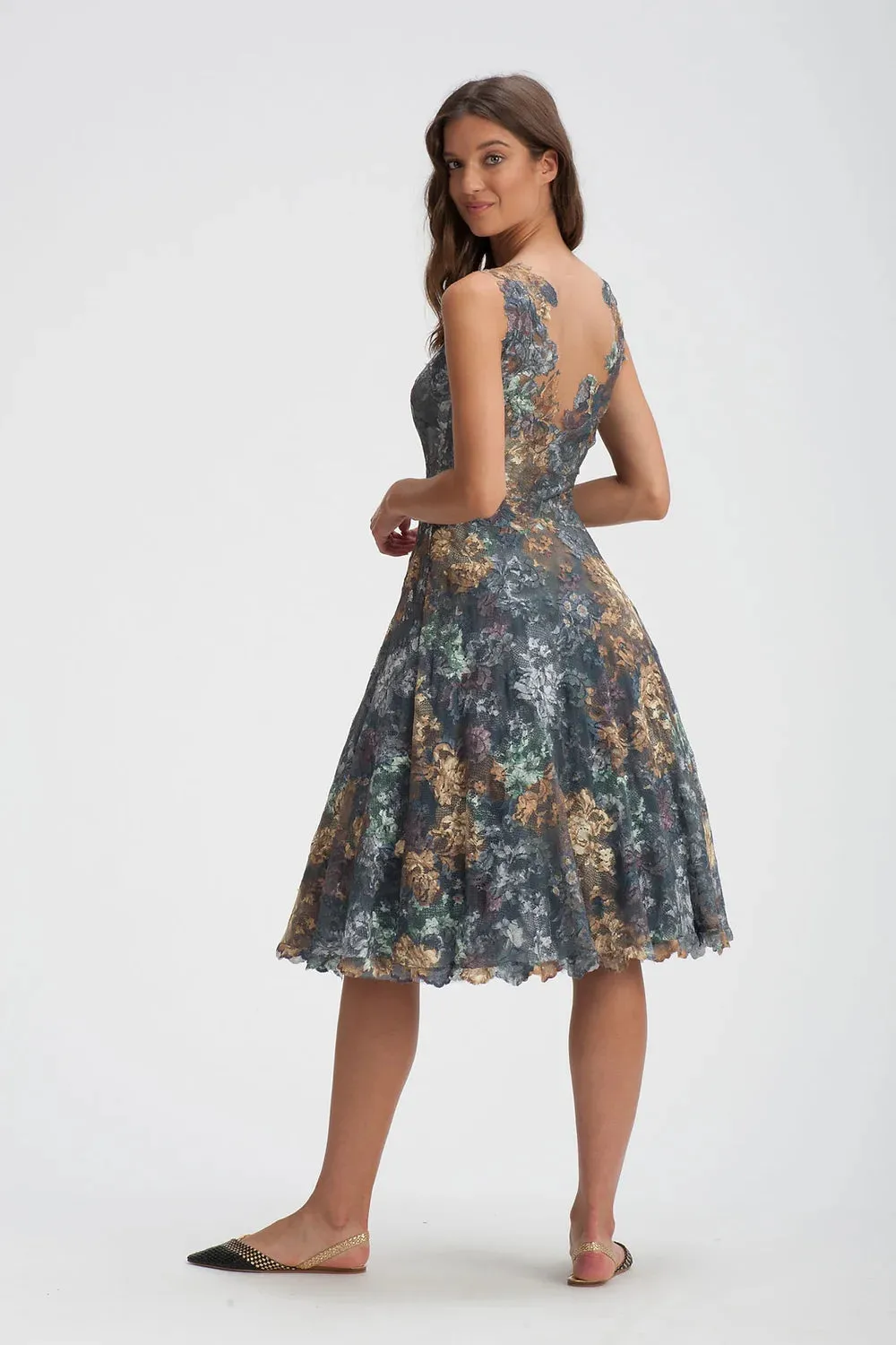 Floral Lace Tea Length Dress - Hazel Ash
