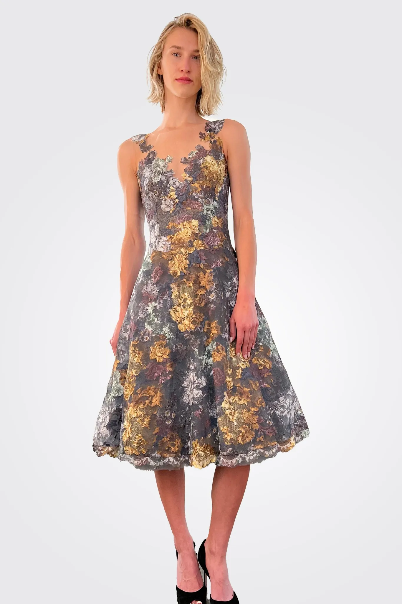 Floral Lace Tea Length Dress - Hazel Ash