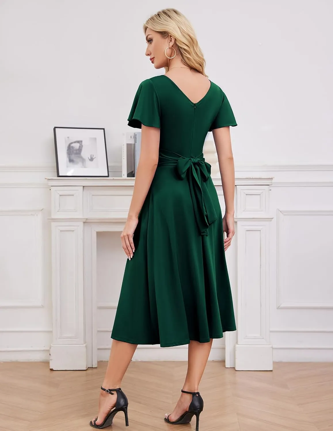Gardenwed Womens Cocktail Dress Wedding Guest Semi Formal Wrap V Neck Short Sleeve Ruched A Line Midi Dresses with Belt