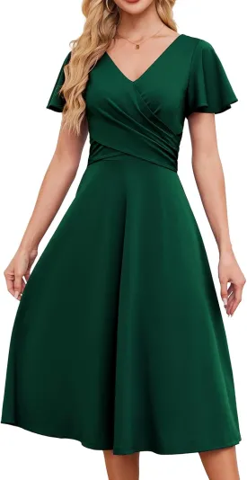 Gardenwed Womens Cocktail Dress Wedding Guest Semi Formal Wrap V Neck Short Sleeve Ruched A Line Midi Dresses with Belt