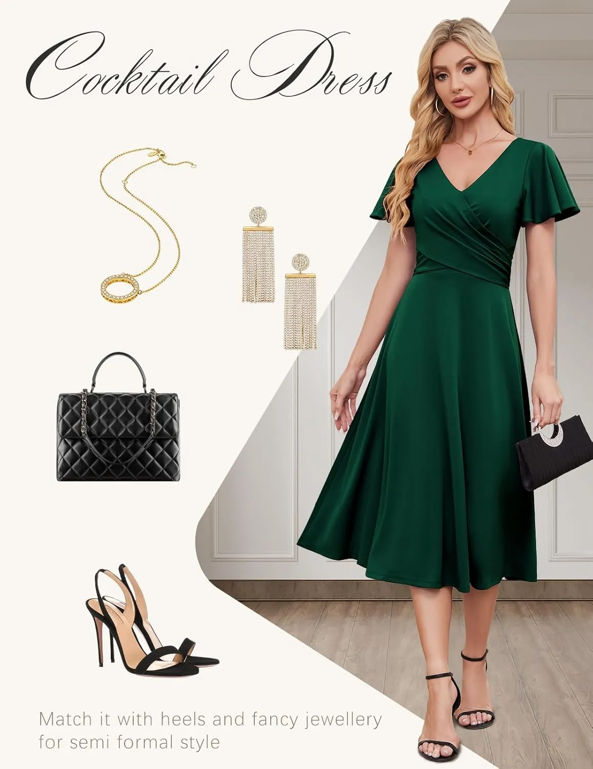 Gardenwed Womens Cocktail Dress Wedding Guest Semi Formal Wrap V Neck Short Sleeve Ruched A Line Midi Dresses with Belt