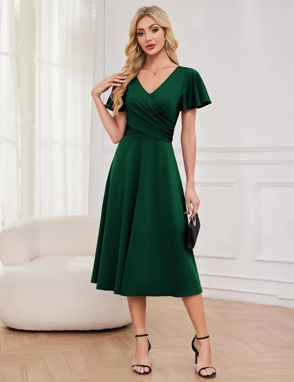 Gardenwed Womens Cocktail Dress Wedding Guest Semi Formal Wrap V Neck Short Sleeve Ruched A Line Midi Dresses with Belt