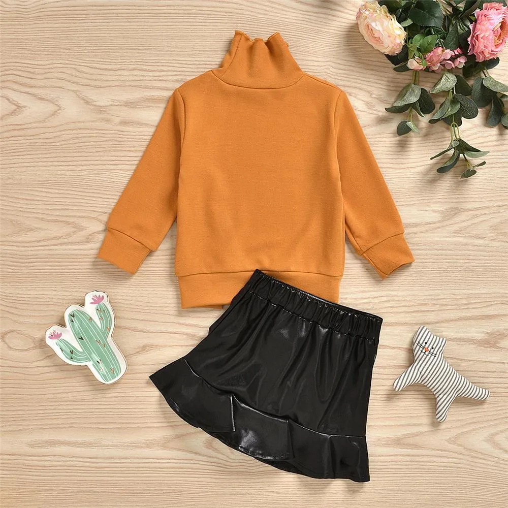 Girls Button Long Sleeve Sweaters & PU Skirt Girls Wholesale Clothes