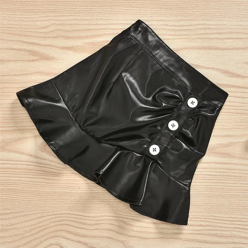 Girls Button Long Sleeve Sweaters & PU Skirt Girls Wholesale Clothes