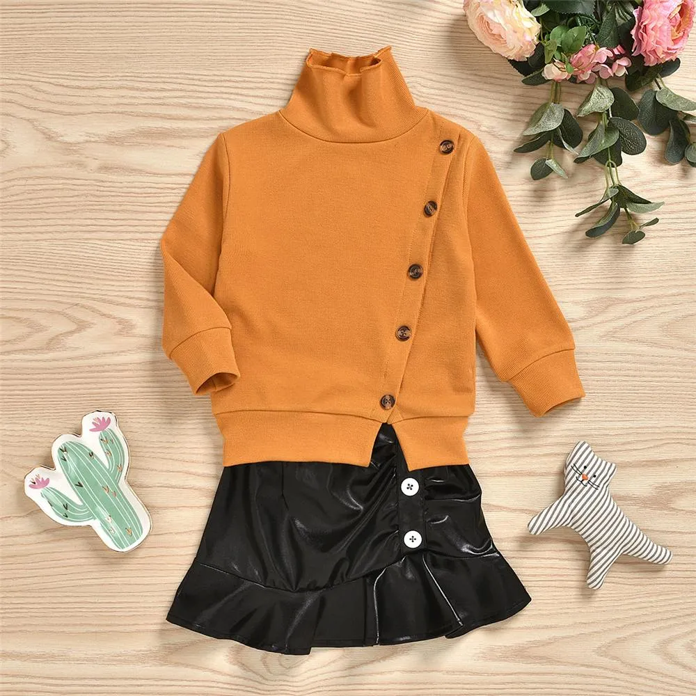 Girls Button Long Sleeve Sweaters & PU Skirt Girls Wholesale Clothes