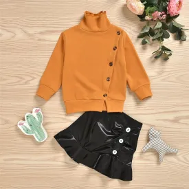 Girls Button Long Sleeve Sweaters & PU Skirt Girls Wholesale Clothes