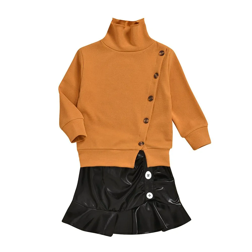 Girls Button Long Sleeve Sweaters & PU Skirt Girls Wholesale Clothes
