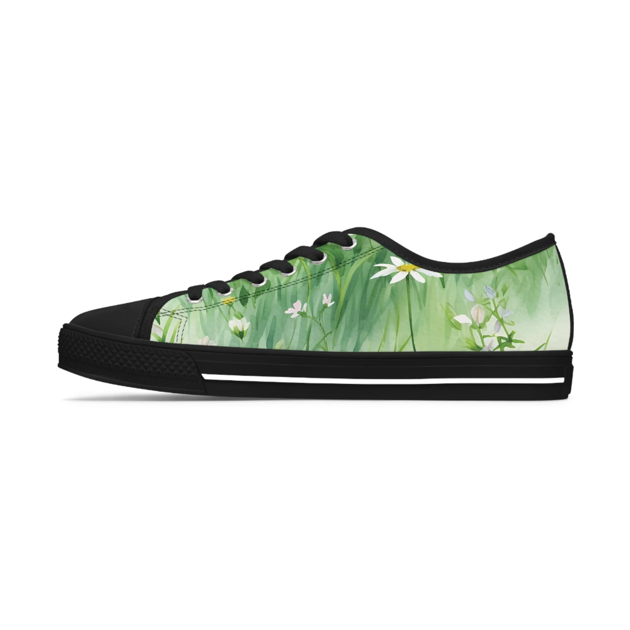 Green Floral Women's Low Top Sneakers Breathable Polyester Canvas, Lightweight Stylish Floral Pastel Design, Comfortable All-Day Wear, Perfect for Walking and Everyday Activities