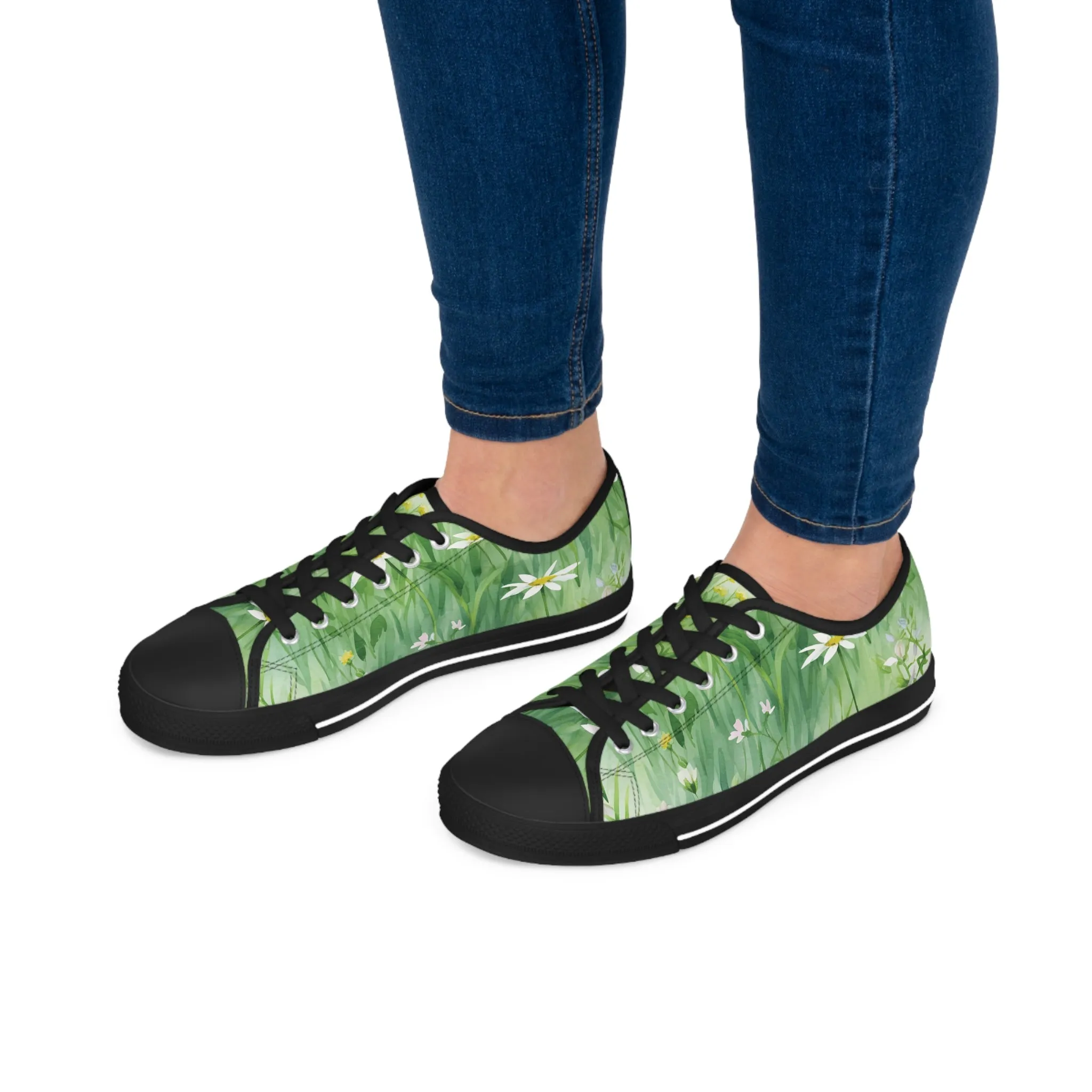 Green Floral Women's Low Top Sneakers Breathable Polyester Canvas, Lightweight Stylish Floral Pastel Design, Comfortable All-Day Wear, Perfect for Walking and Everyday Activities