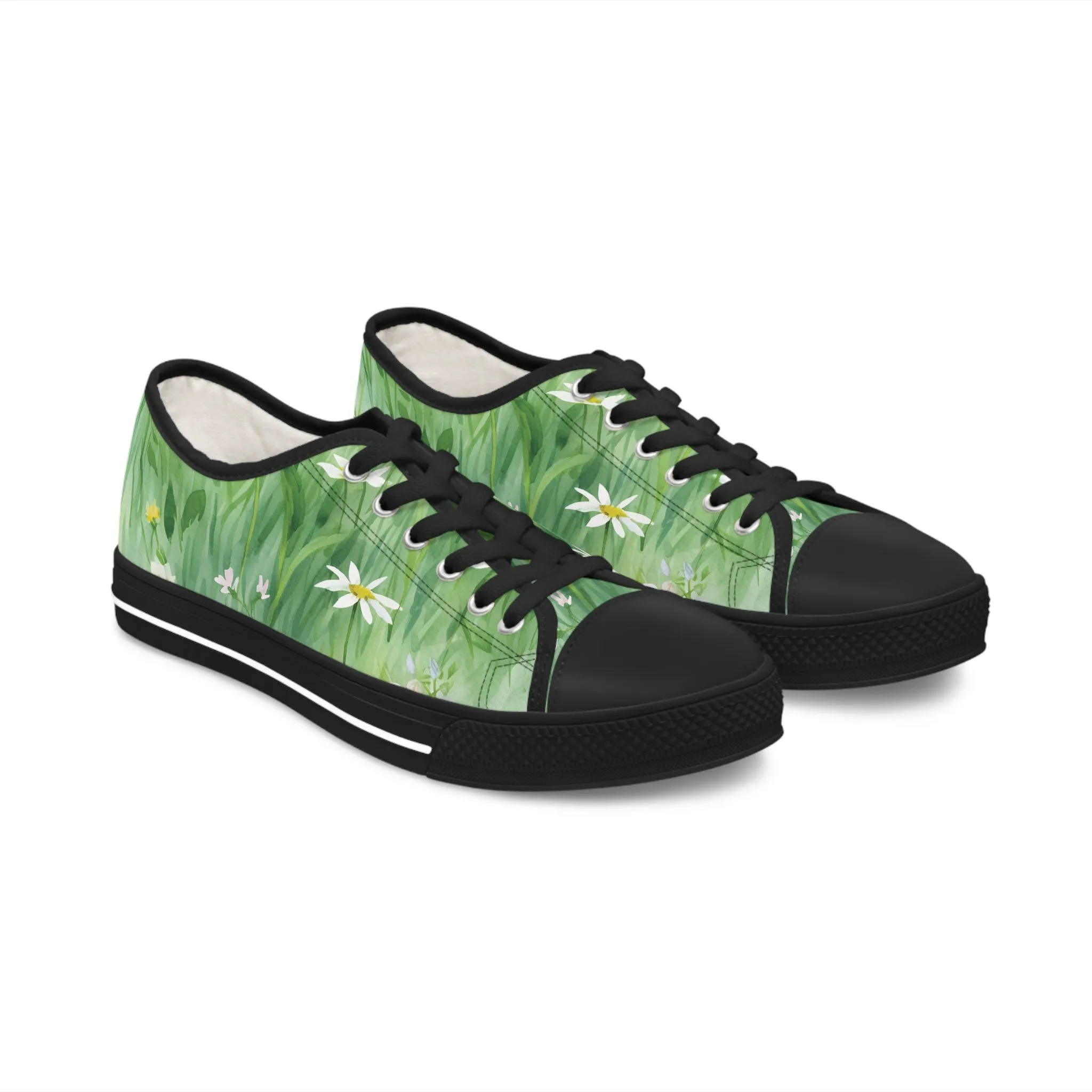 Green Floral Women's Low Top Sneakers Breathable Polyester Canvas, Lightweight Stylish Floral Pastel Design, Comfortable All-Day Wear, Perfect for Walking and Everyday Activities