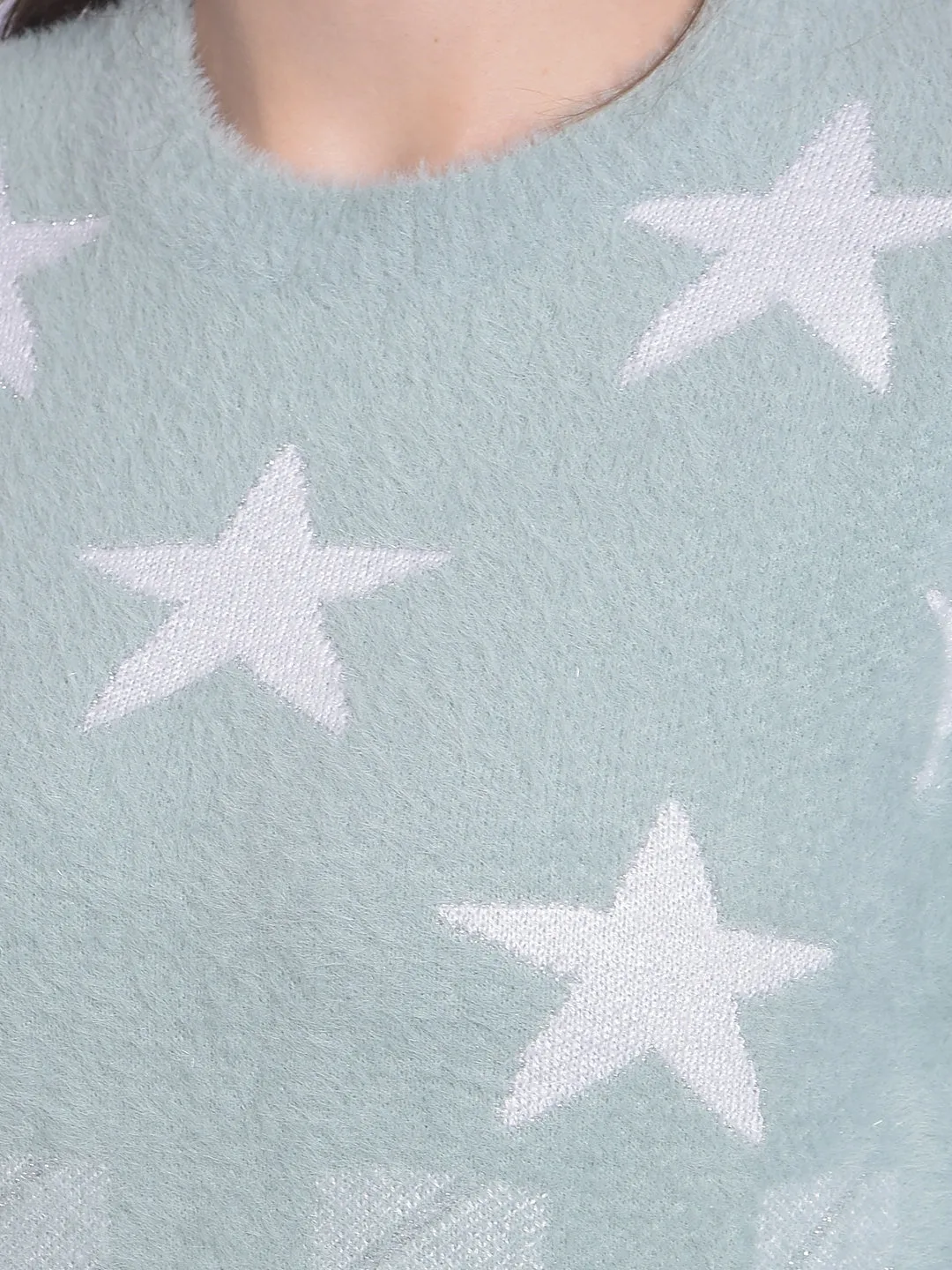 Green Printed Round Neck Sweaters