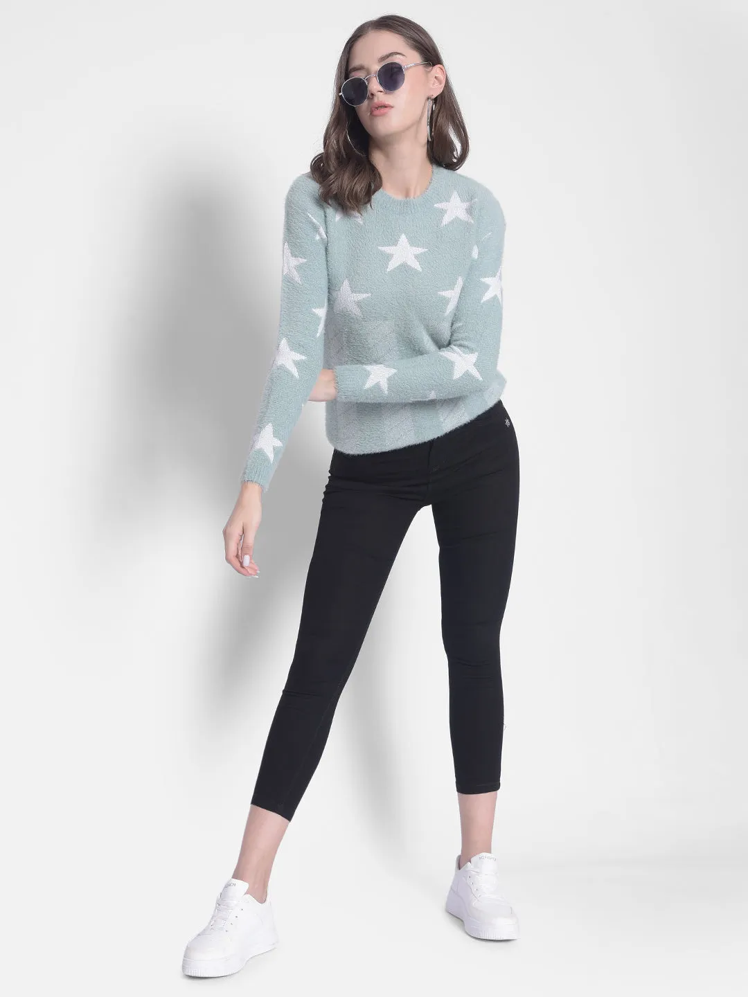Green Printed Round Neck Sweaters